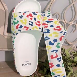White with Colorful Print Trendy Beach Shoes Comfy Bali Platform Slides